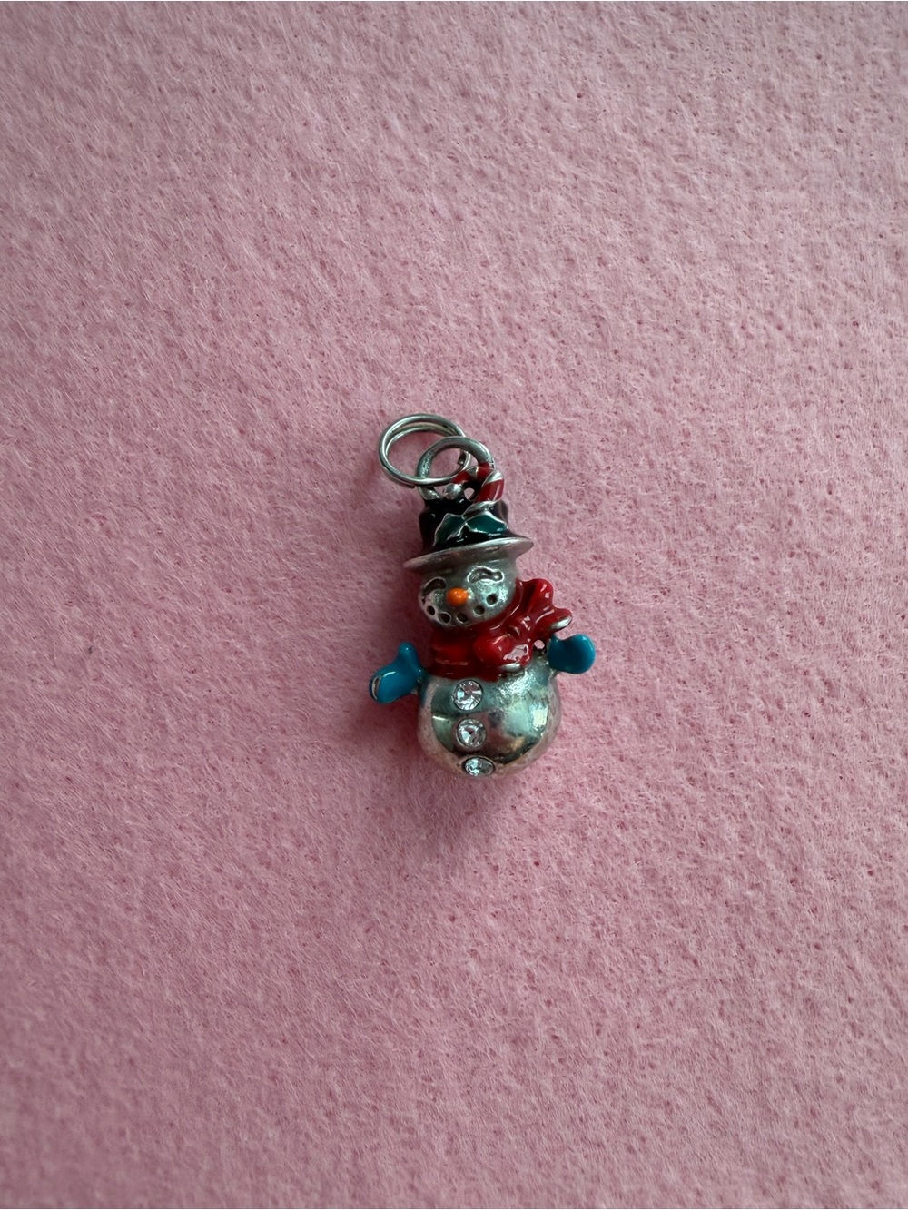 Silver Snowman Charm Pendant with Red Scarf and Blue Mittens